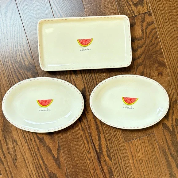 Three Rae Dunn Watermelon Snack Plates Two Oval - One Rectangular - Picture 8 of 8